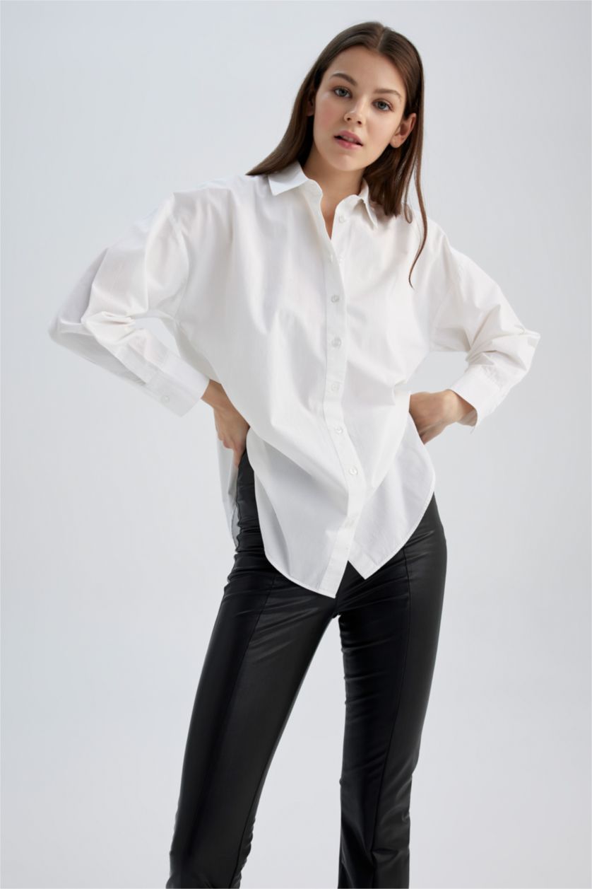 WOMAN White Oversize Fit Shirt Collar Poplin Long Sleeve Tunic