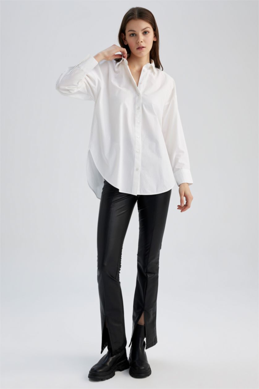 WOMAN White Oversize Fit Shirt Collar Poplin Long Sleeve Tunic