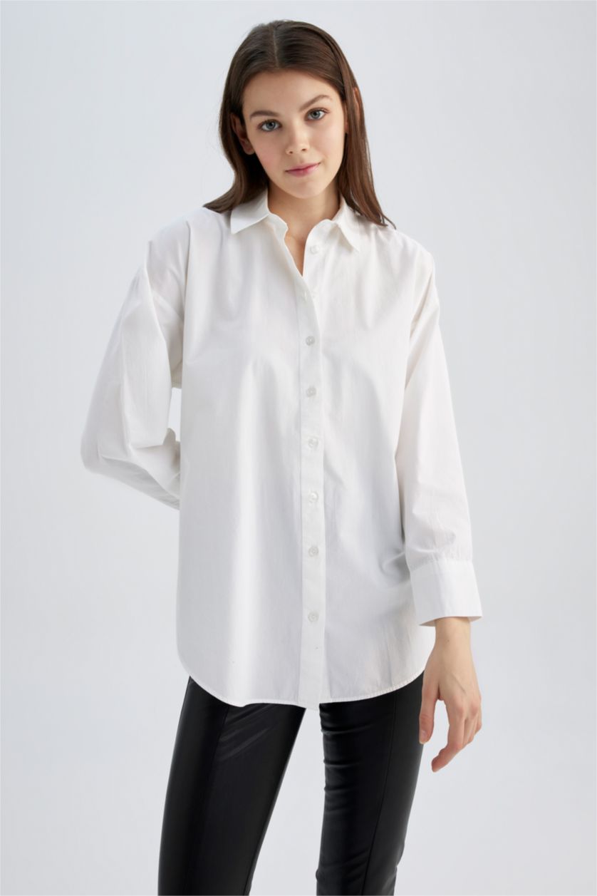 WOMAN White Oversize Fit Shirt Collar Poplin Long Sleeve Tunic