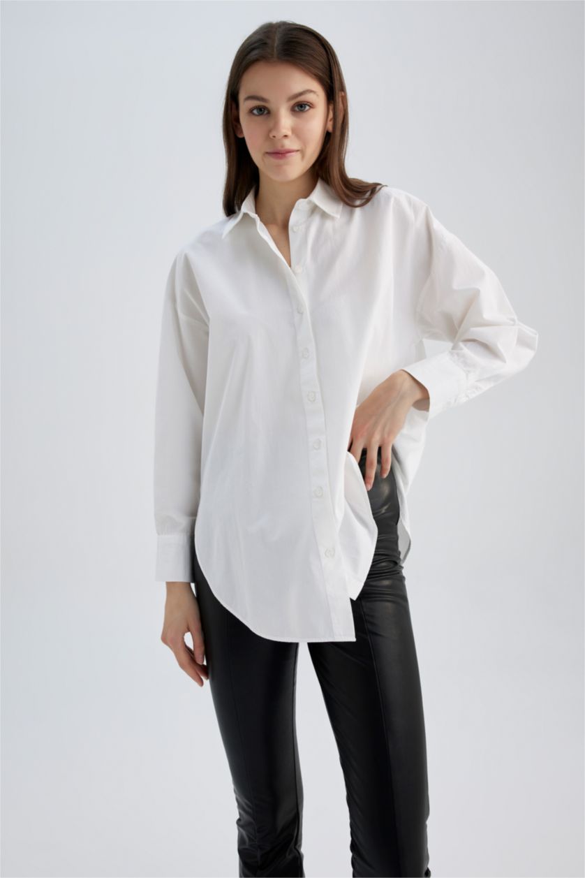 WOMAN White Oversize Fit Shirt Collar Poplin Long Sleeve Tunic