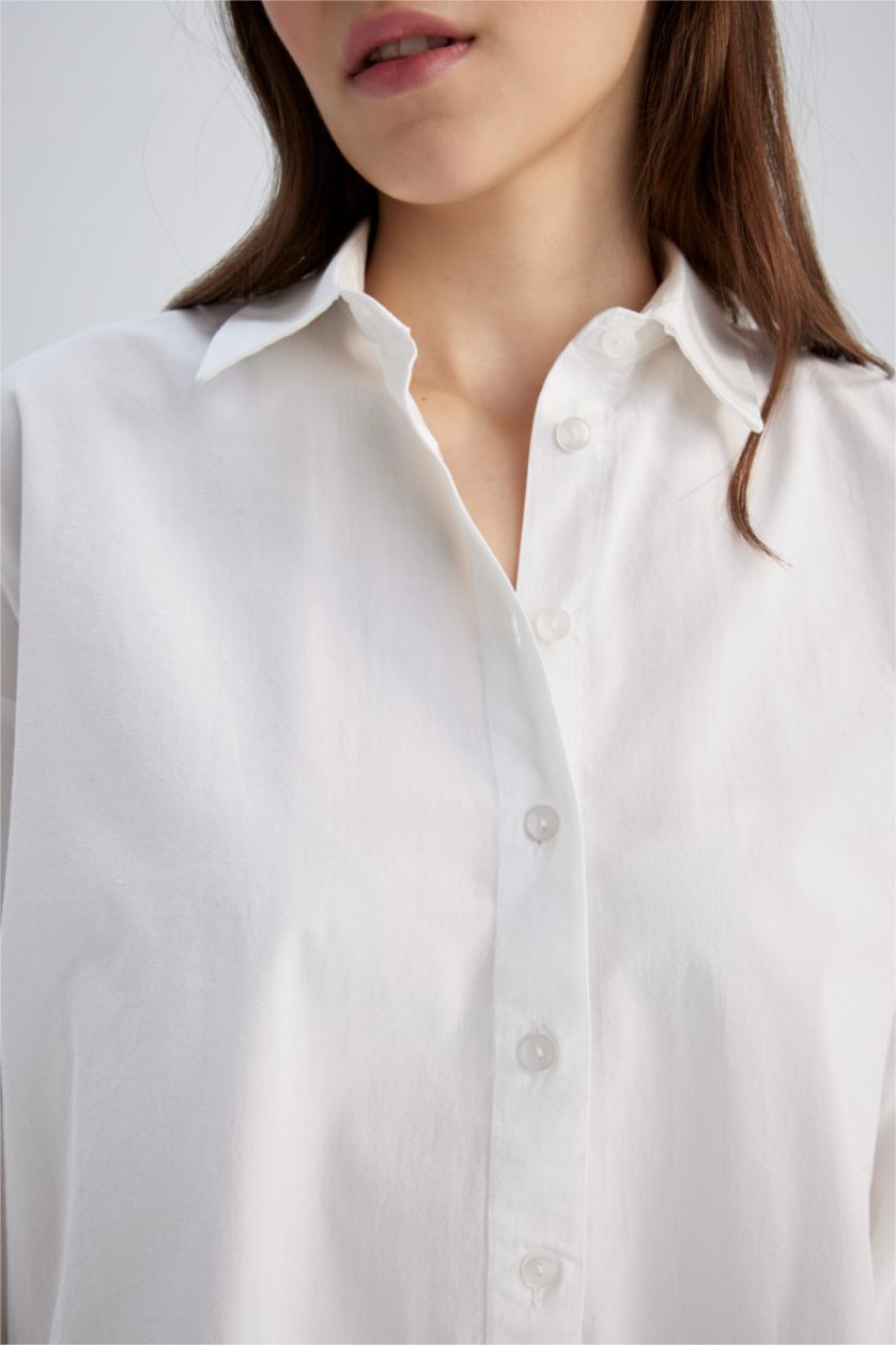 WOMAN White Oversize Fit Shirt Collar Poplin Long Sleeve Tunic