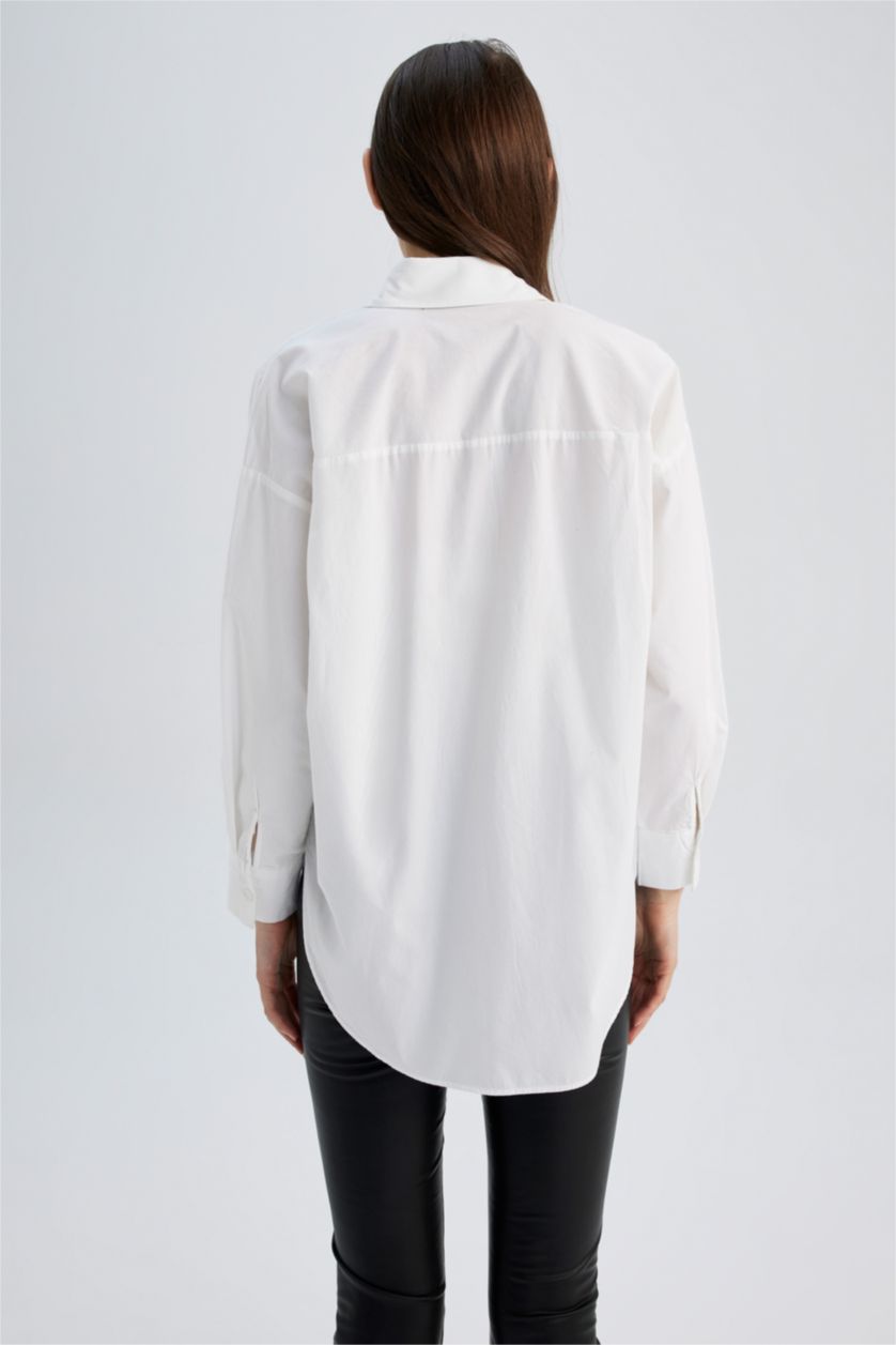 WOMAN White Oversize Fit Shirt Collar Poplin Long Sleeve Tunic