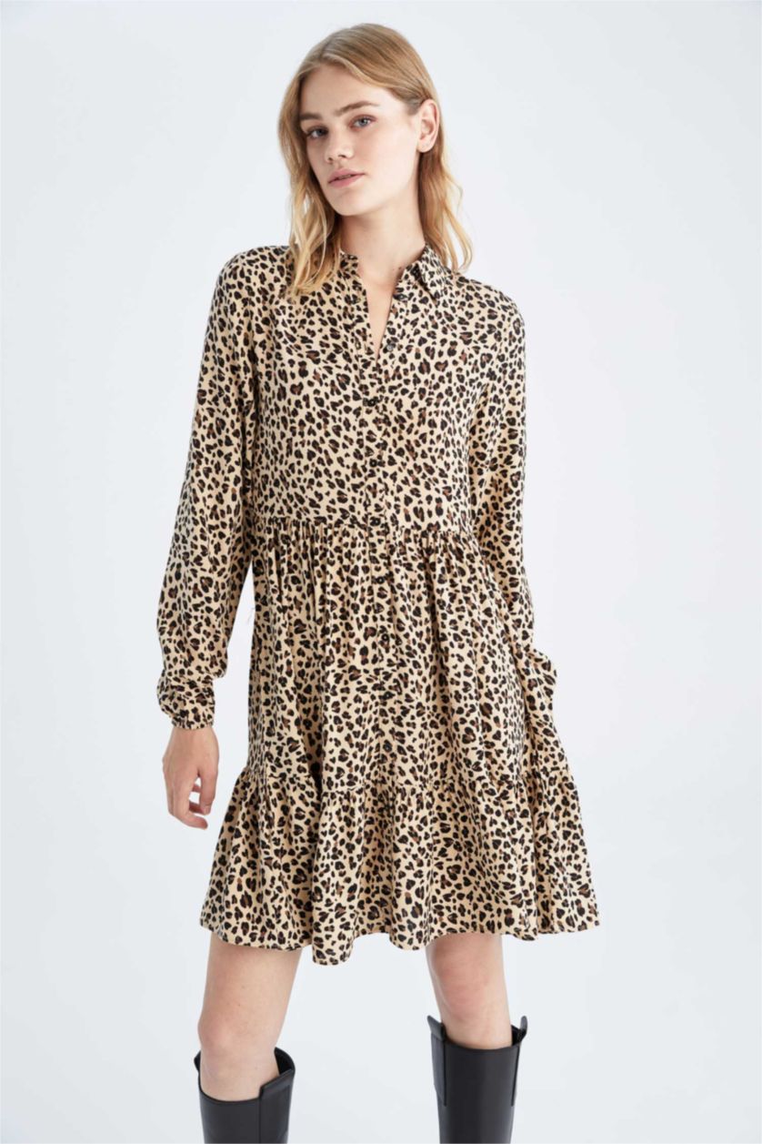 FEMME Beige Robe Tissée À Manches Longues Très court Viscose Imprimé Col De Chemise