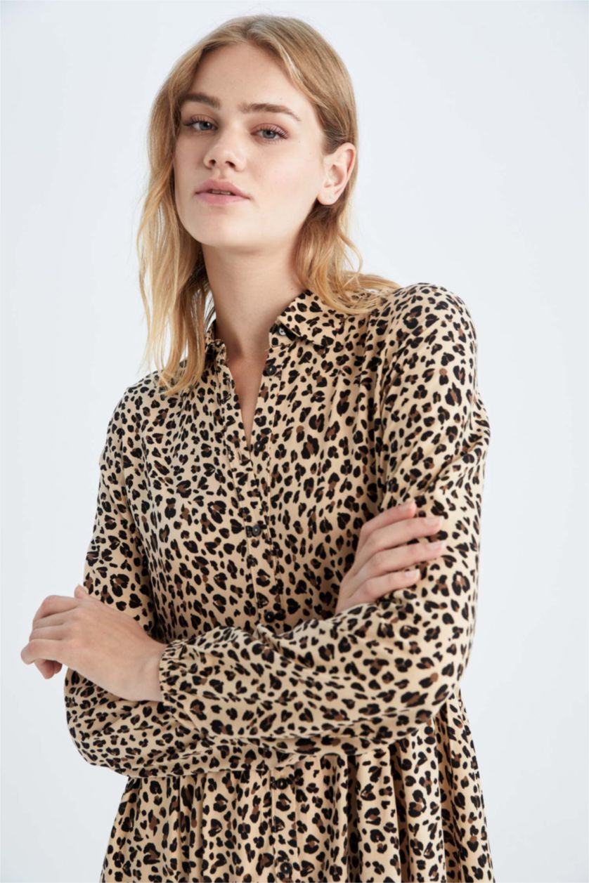 FEMME Beige Robe Tissée À Manches Longues Très court Viscose Imprimé Col De Chemise