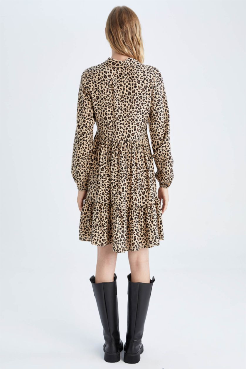 FEMME Beige Robe Tissée À Manches Longues Très court Viscose Imprimé Col De Chemise