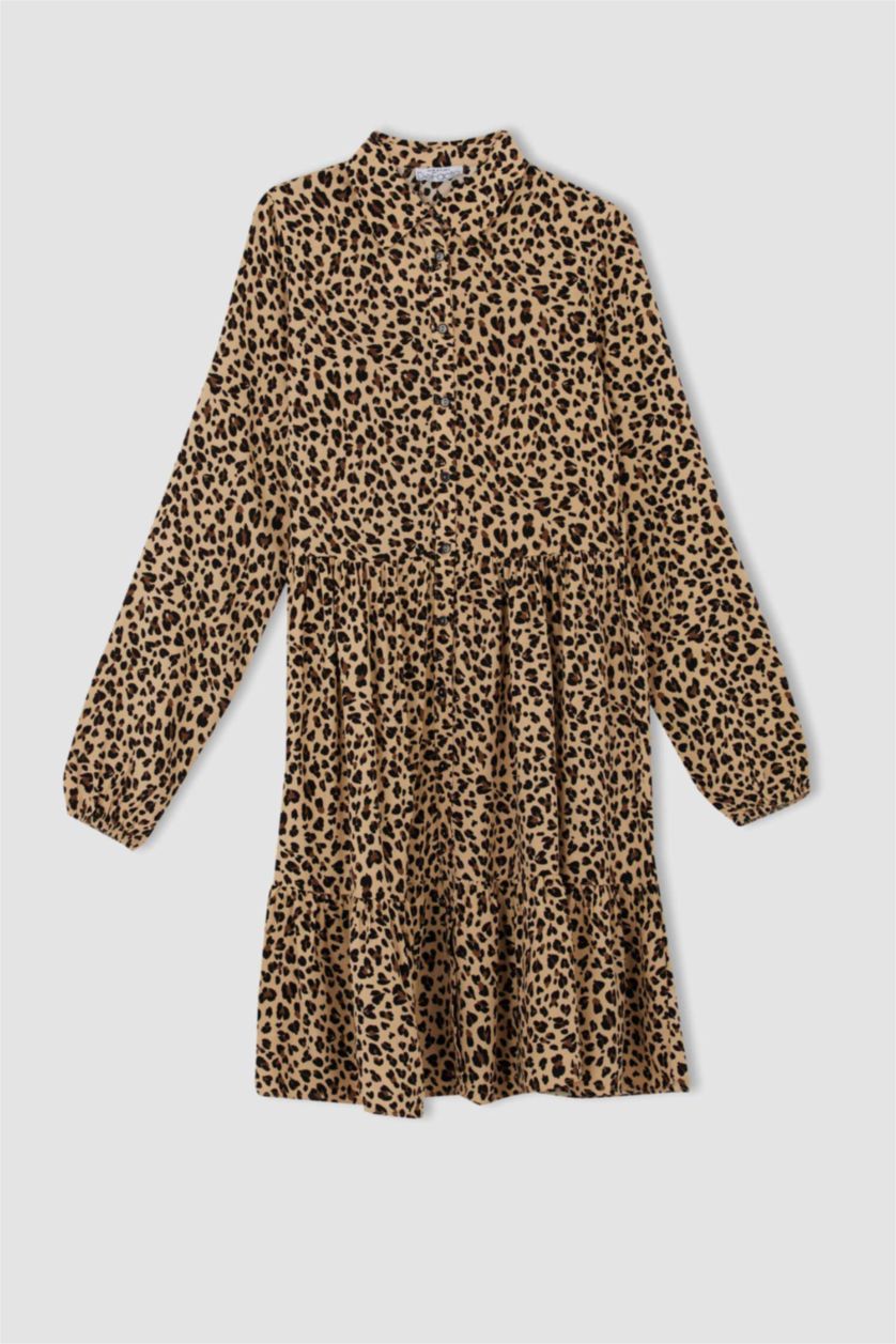 FEMME Beige Robe Tissée À Manches Longues Très court Viscose Imprimé Col De Chemise