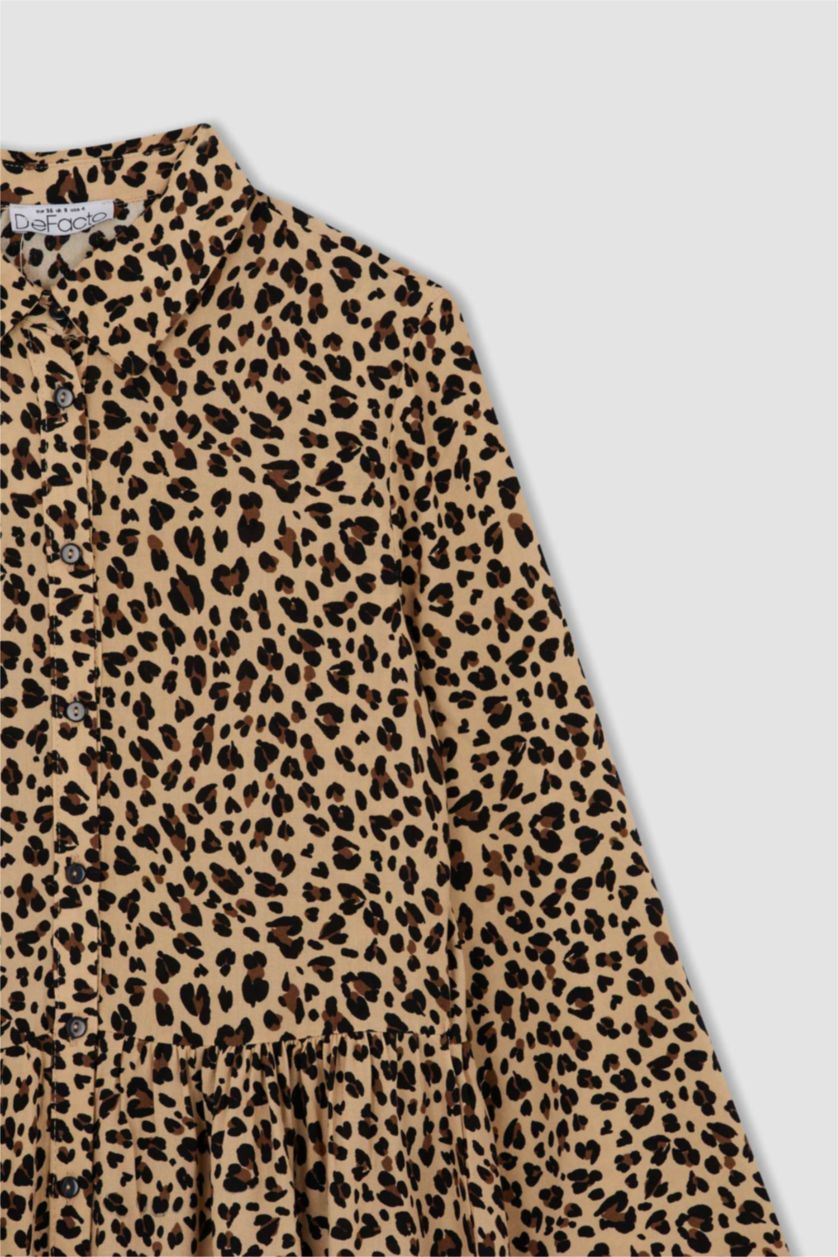 FEMME Beige Robe Tissée À Manches Longues Très court Viscose Imprimé Col De Chemise