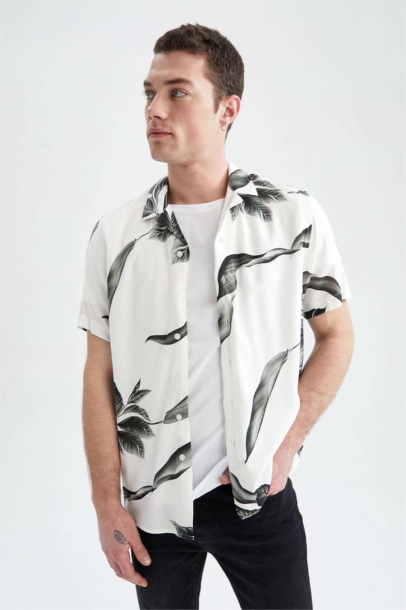 MAN White Regular Fit Viscose Leaf Patterned Short Sleeve Shirt
