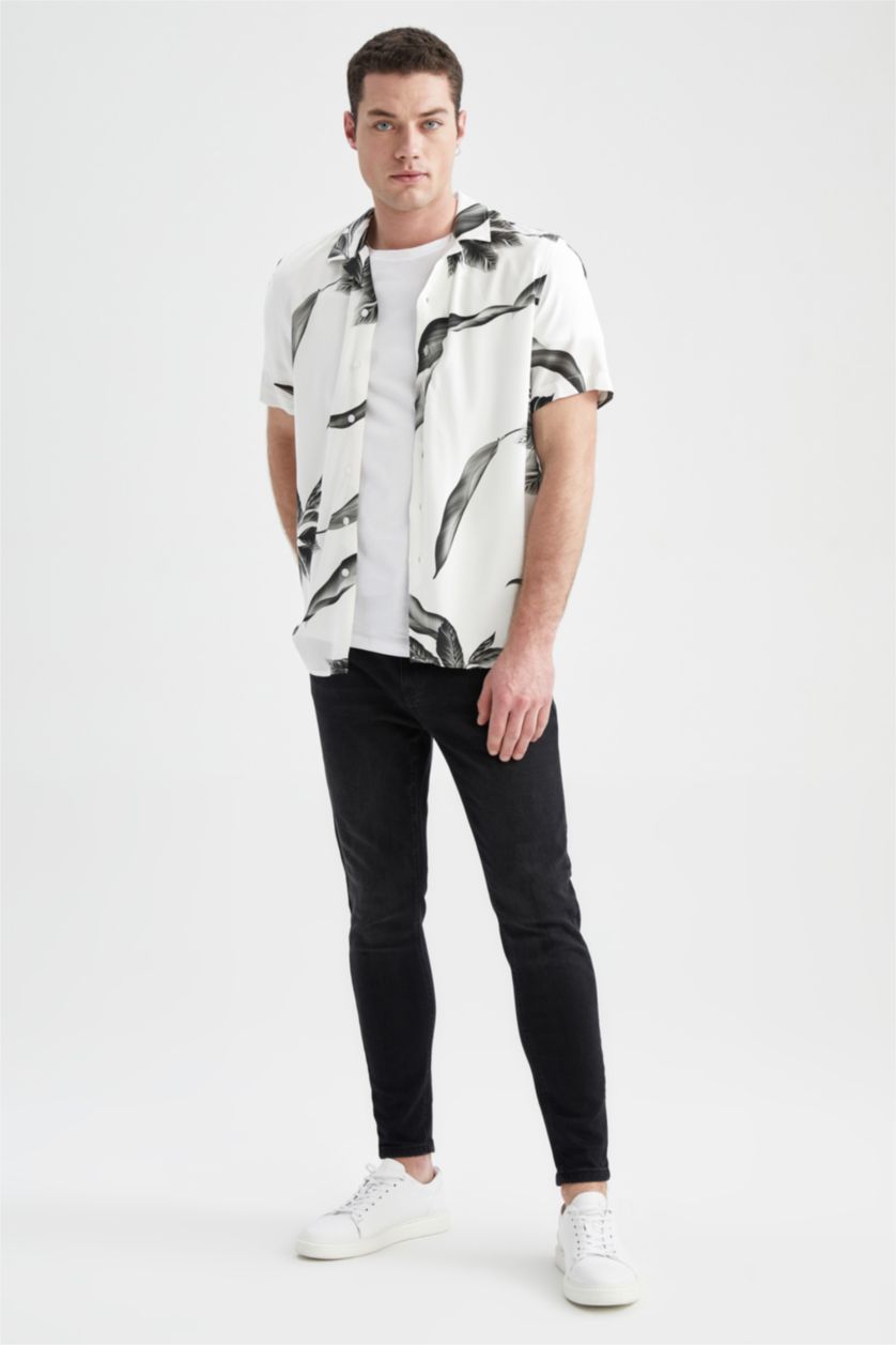 MAN White Regular Fit Viscose Leaf Patterned Short Sleeve Shirt