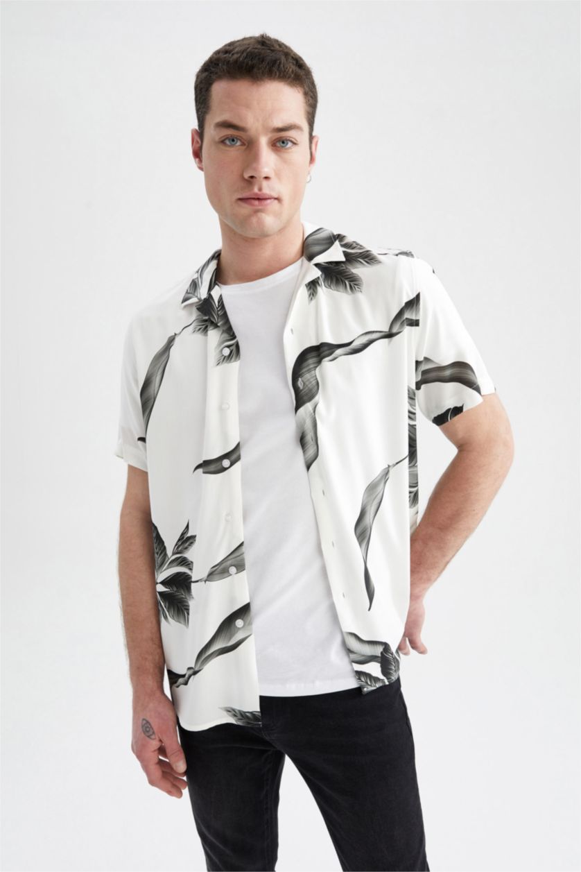 MAN White Regular Fit Viscose Leaf Patterned Short Sleeve Shirt