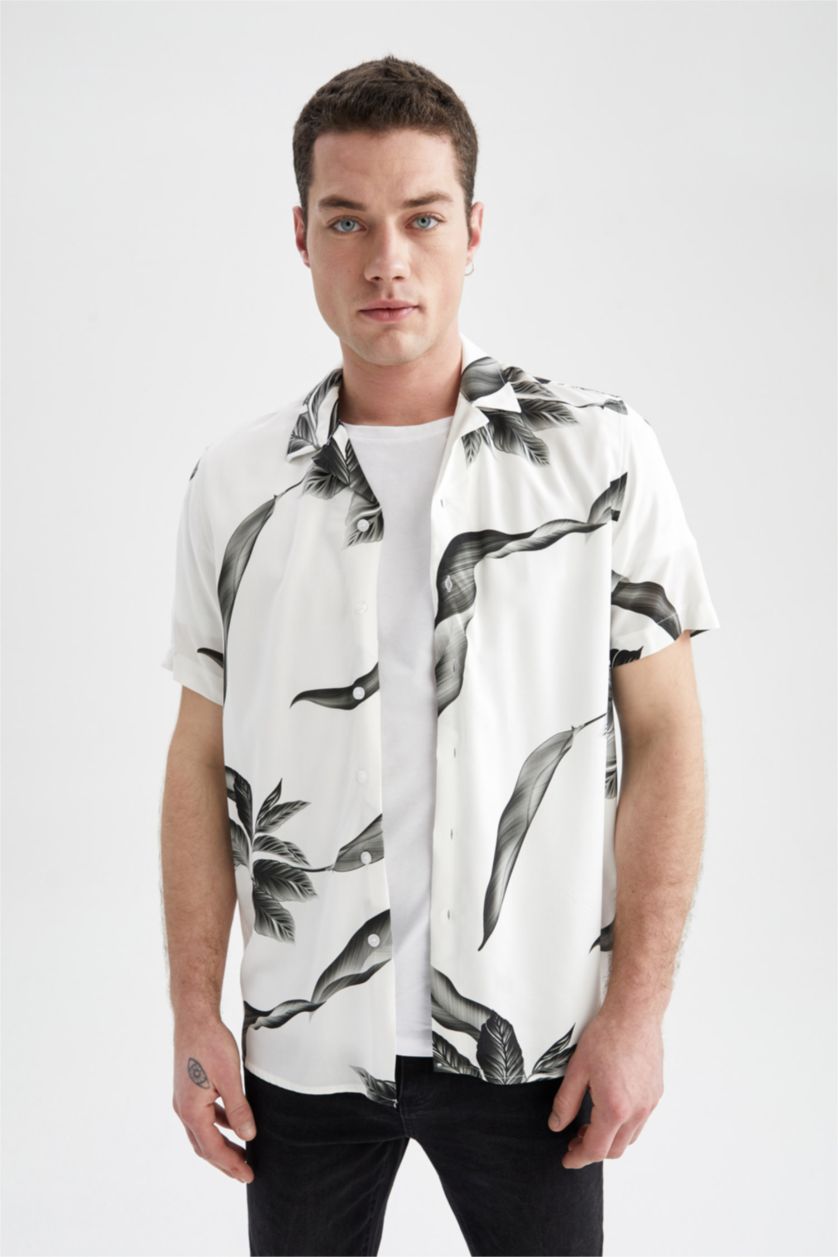 MAN White Regular Fit Viscose Leaf Patterned Short Sleeve Shirt