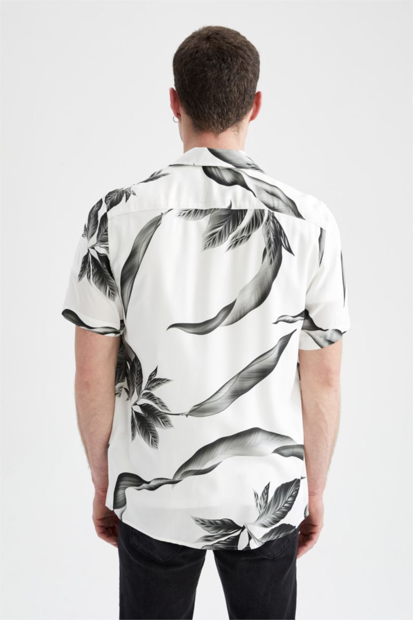 MAN White Regular Fit Viscose Leaf Patterned Short Sleeve Shirt
