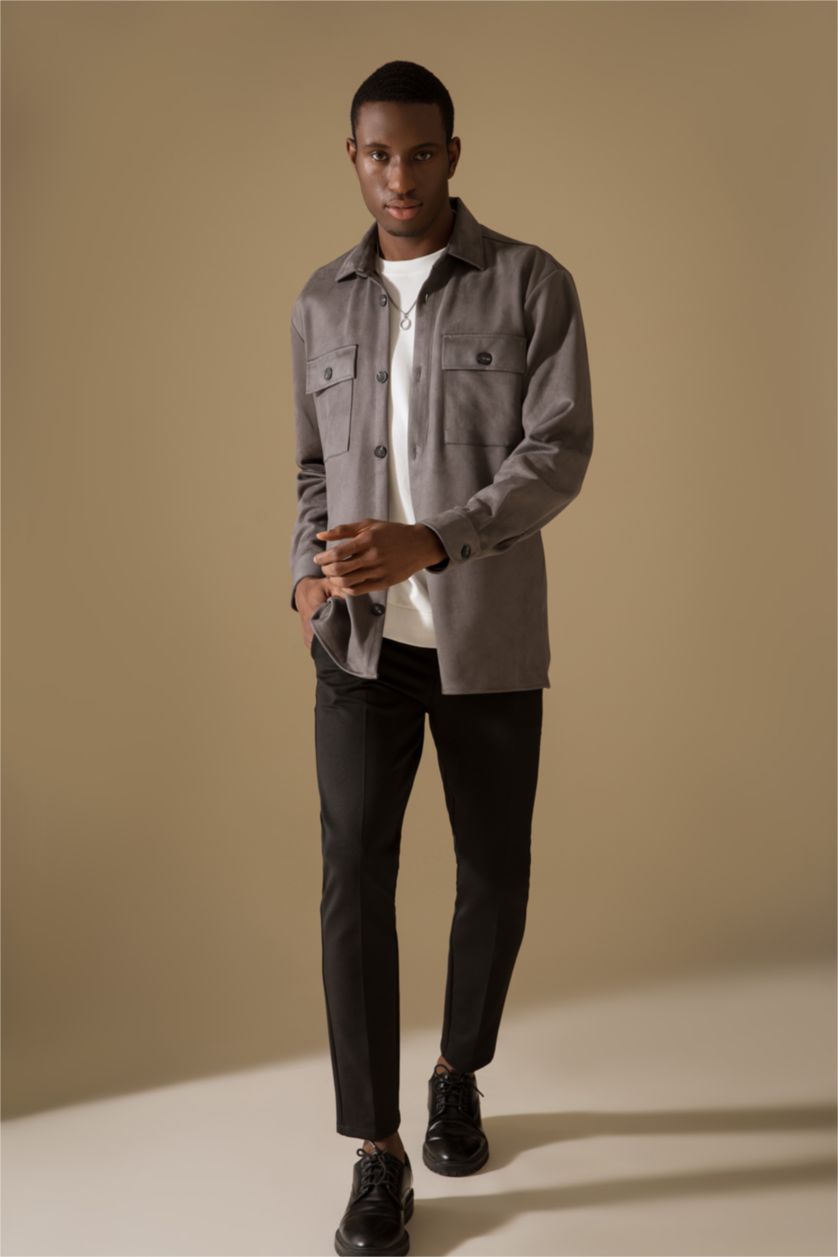 Erkek Gri Regular Fit Süet Gömlek Ceket