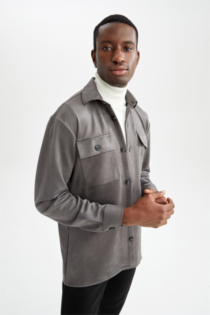Erkek Gri Regular Fit Süet Gömlek Ceket