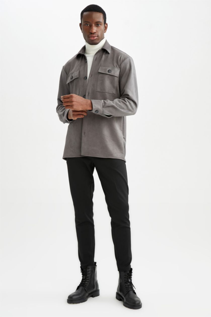 Erkek Gri Regular Fit Süet Gömlek Ceket