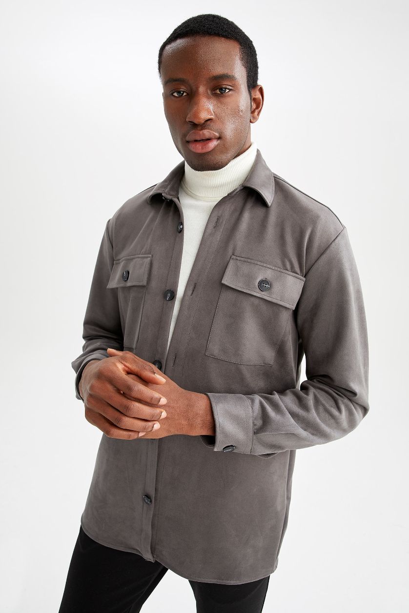 Erkek Gri Regular Fit Süet Gömlek Ceket