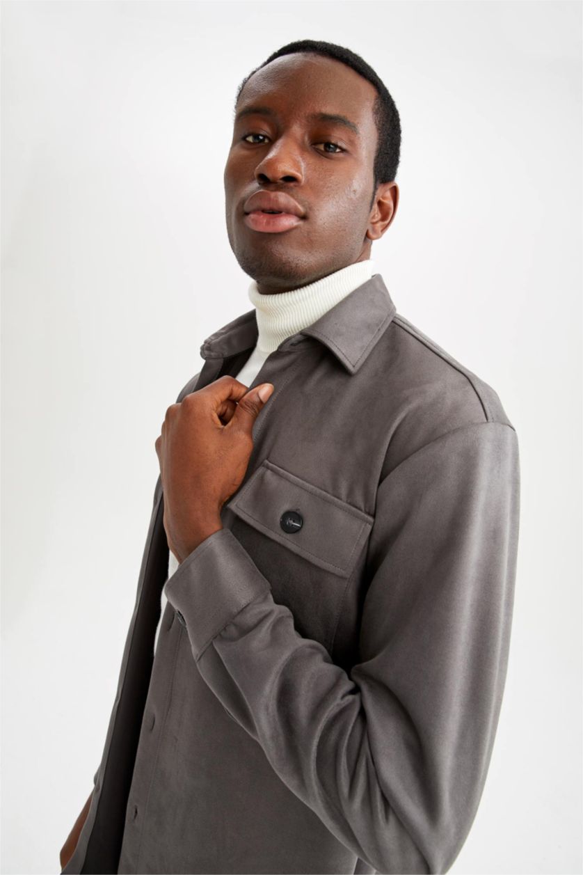 Erkek Gri Regular Fit Süet Gömlek Ceket