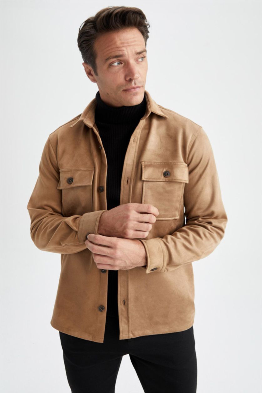 HOMME Beige Foncé Veste chemise en daim coupe classique