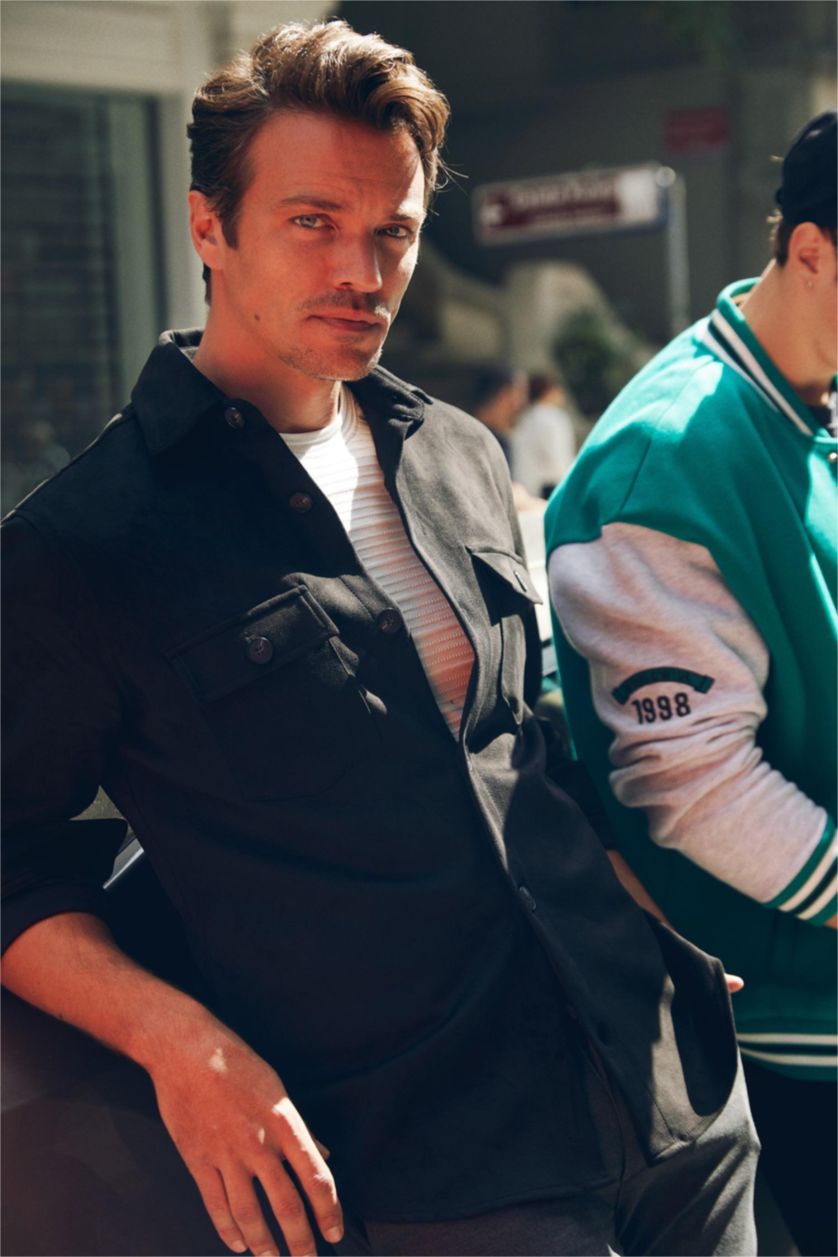 HOMME Noir Veste chemise en daim coupe classique