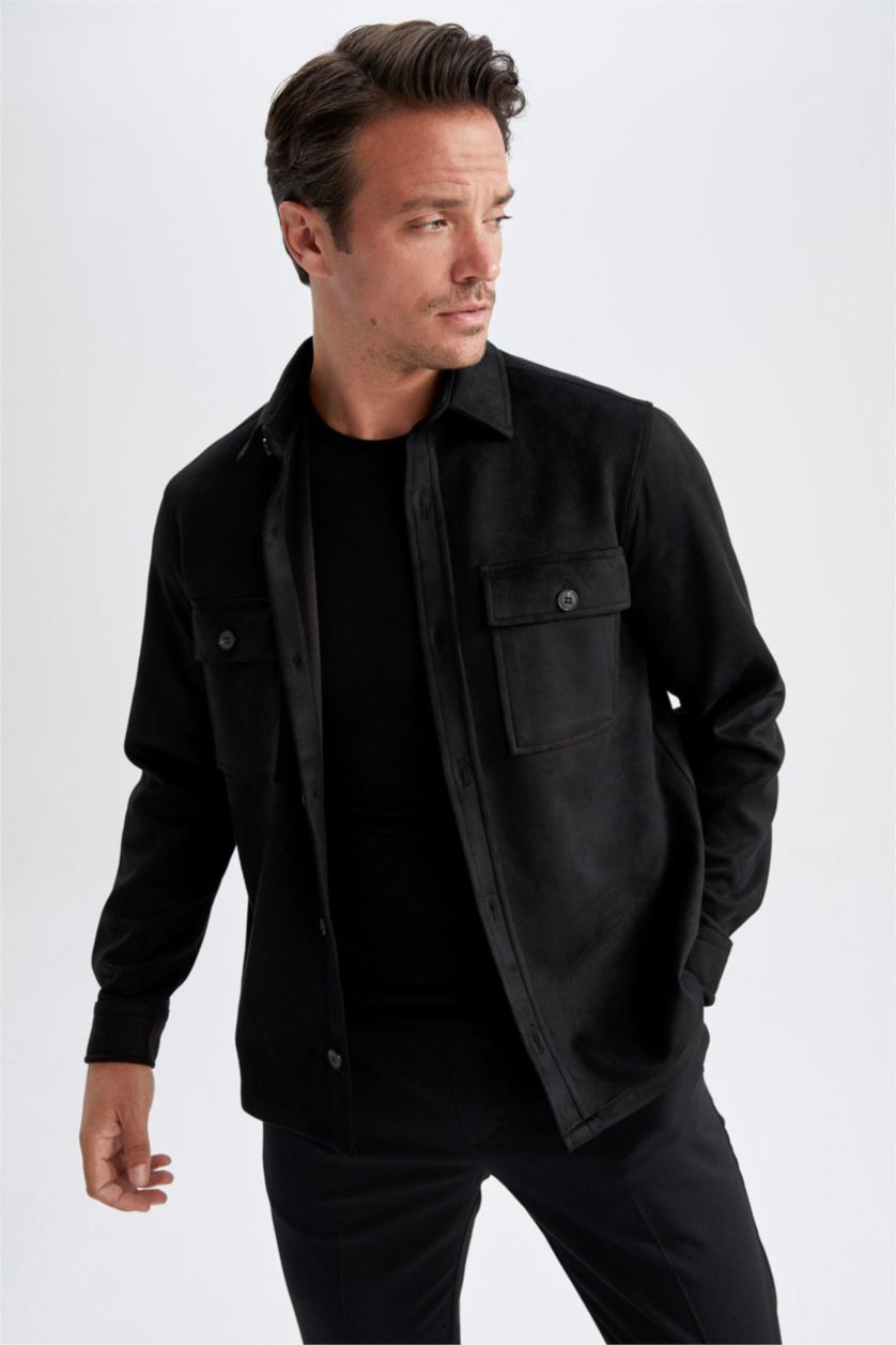 HOMME Noir Veste chemise en daim coupe classique