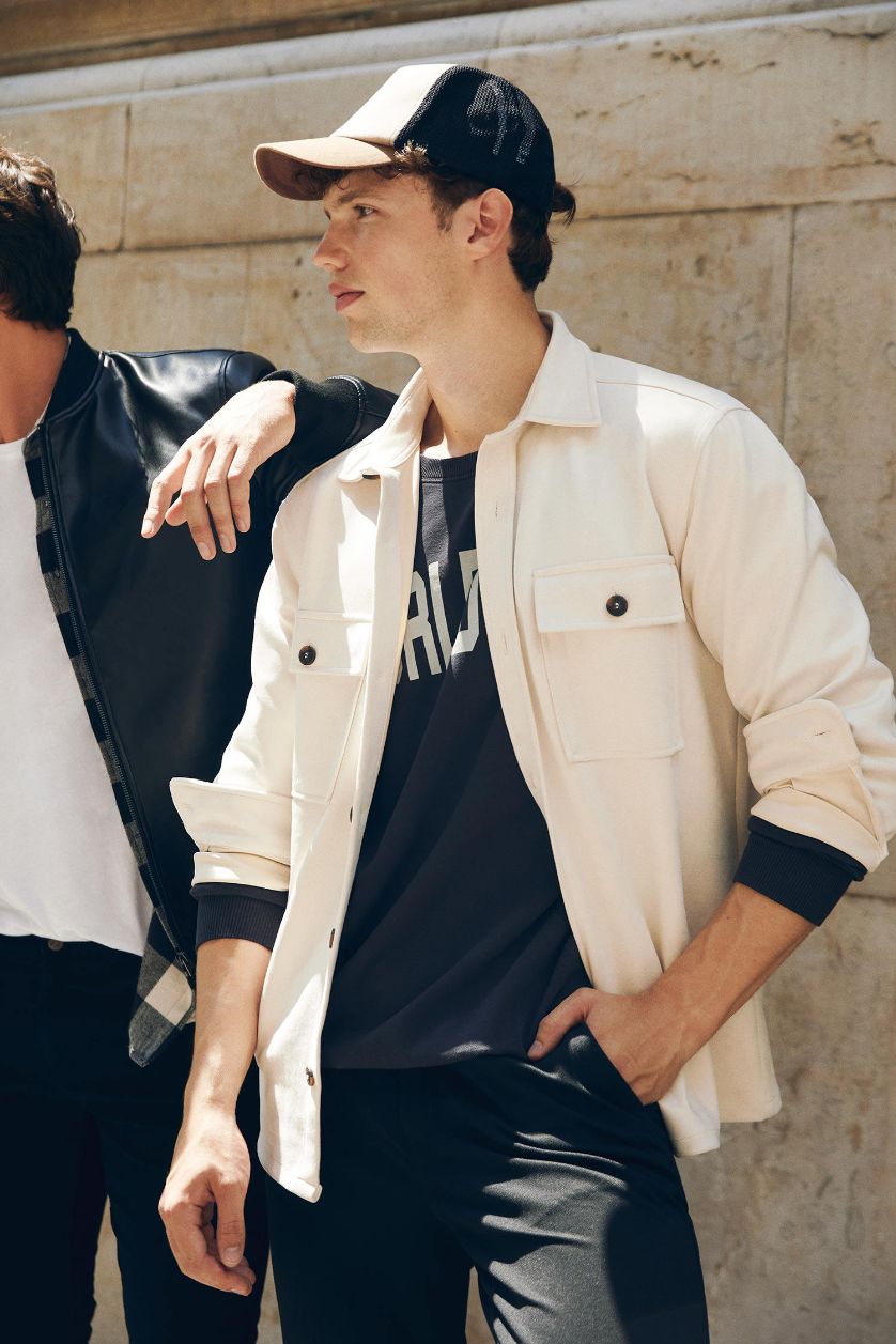 HOMME Beige Chemise Jaquette Coupe Régulière Col Polo Poche Double Rabat