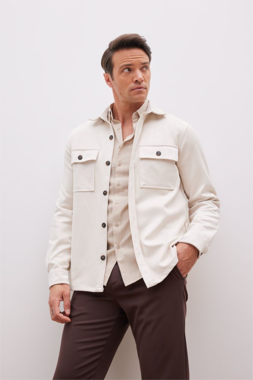 HOMME Beige Chemise Jaquette Coupe Régulière Col Polo Poche Double Rabat