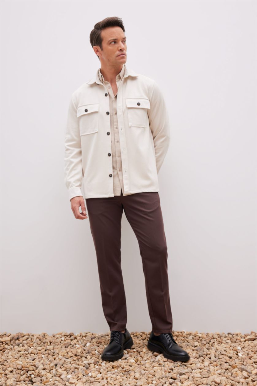 HOMME Beige Chemise Jaquette Coupe Régulière Col Polo Poche Double Rabat