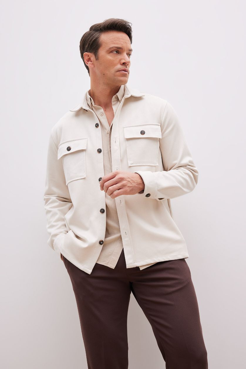 HOMME Beige Chemise Jaquette Coupe Régulière Col Polo Poche Double Rabat