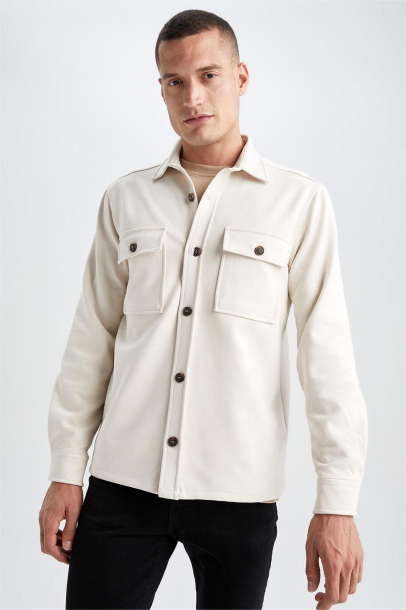HOMME Beige Chemise Jaquette Coupe Régulière Col Polo Poche Double Rabat