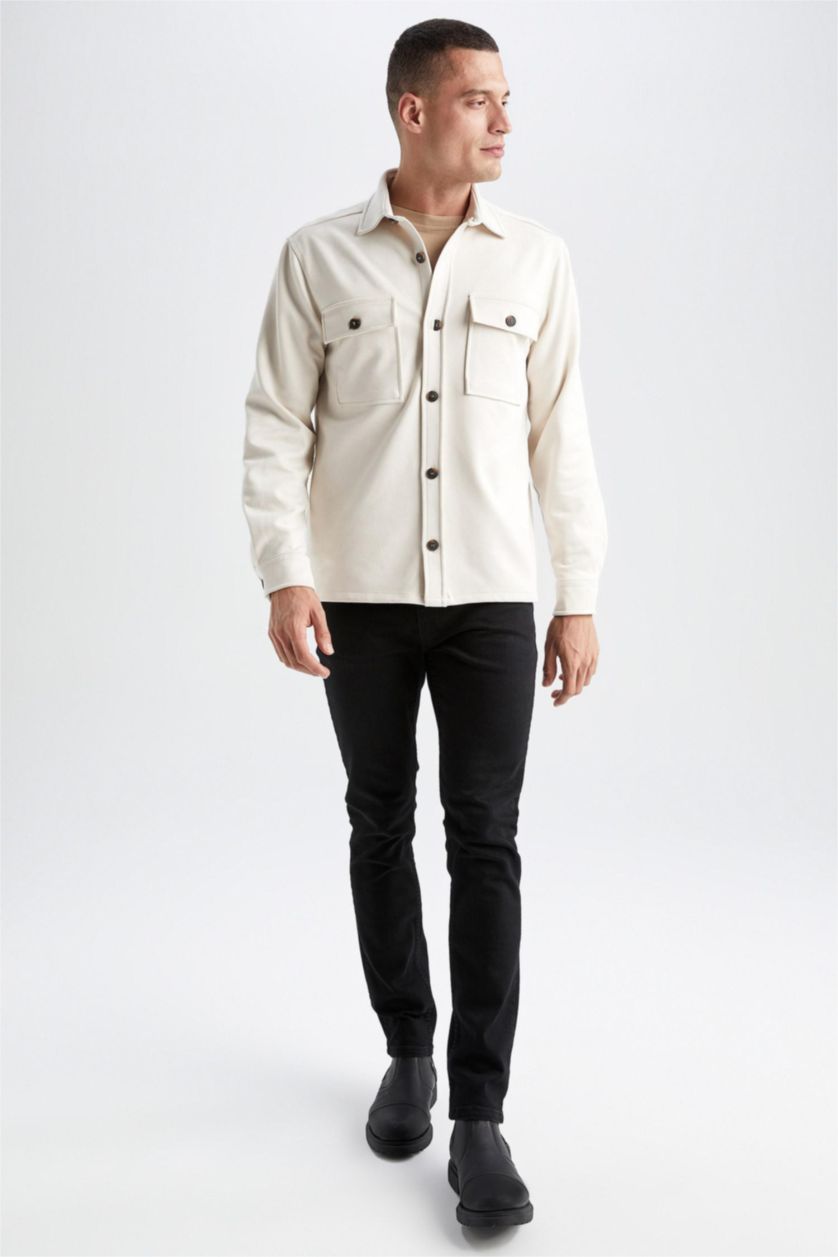 HOMME Beige Chemise Jaquette Coupe Régulière Col Polo Poche Double Rabat