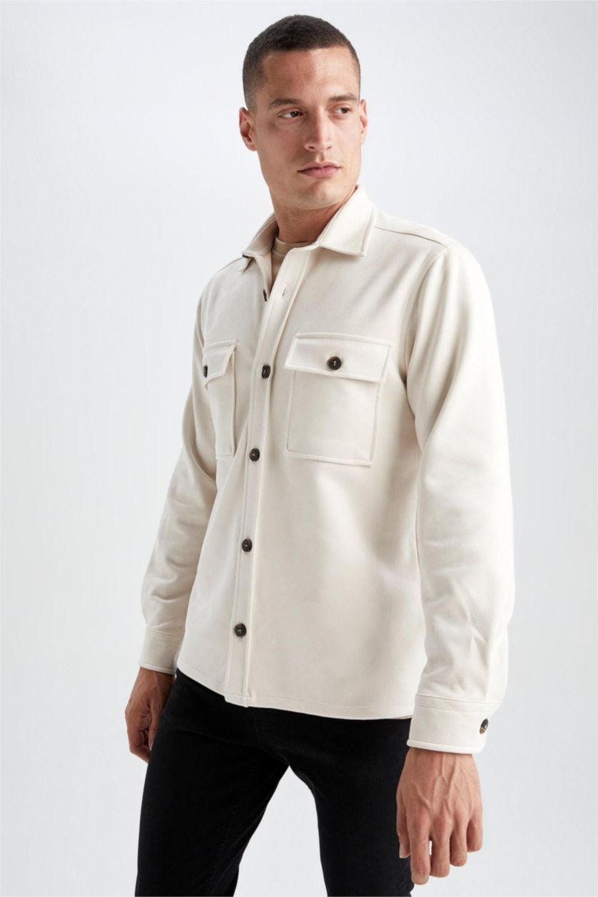 HOMME Beige Chemise Jaquette Coupe Régulière Col Polo Poche Double Rabat