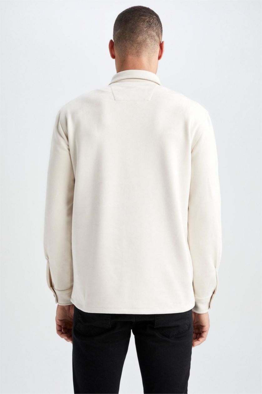 HOMME Beige Chemise Jaquette Coupe Régulière Col Polo Poche Double Rabat