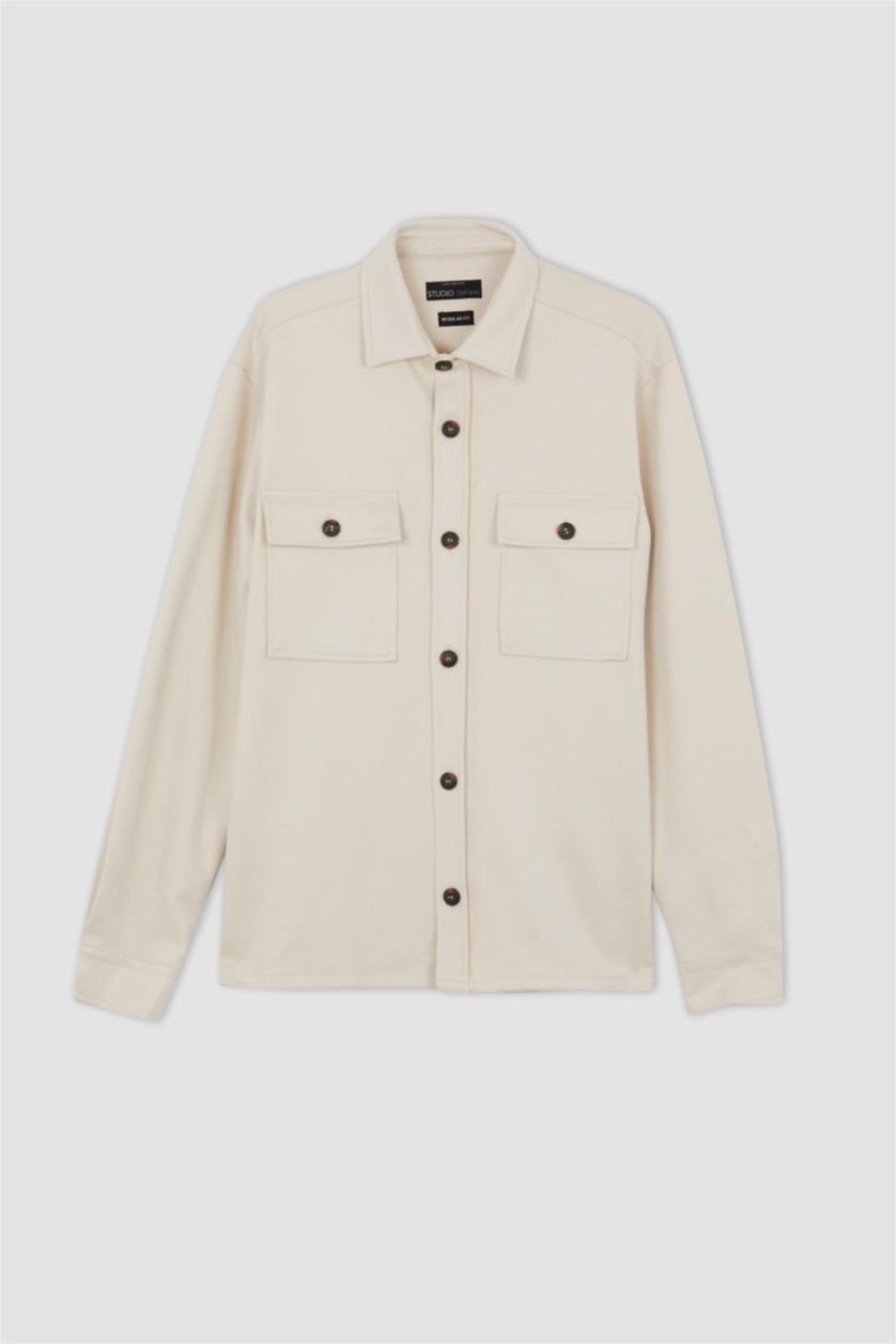 HOMME Beige Chemise Jaquette Coupe Régulière Col Polo Poche Double Rabat