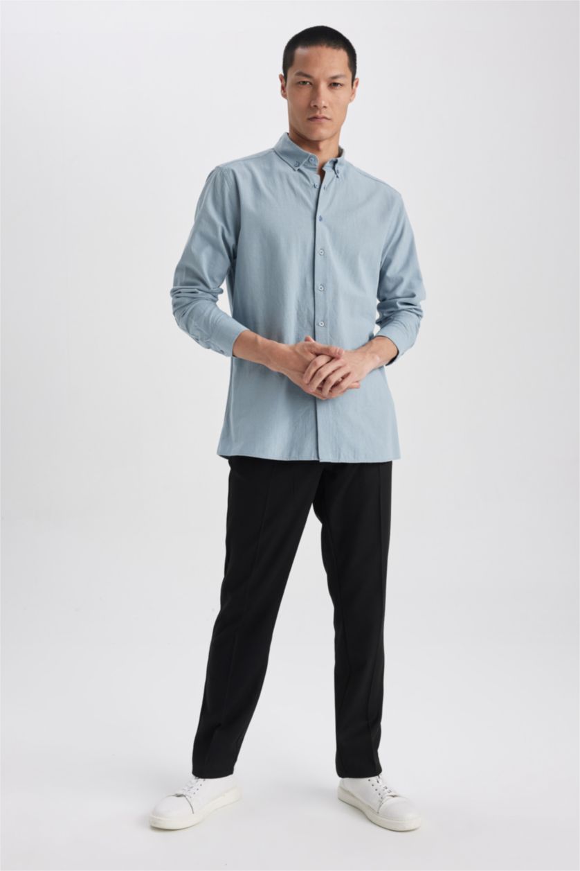 Erkek Mavi Modern Fit Polo Yaka Uzun Kollu %100 Pamuk Gömlek