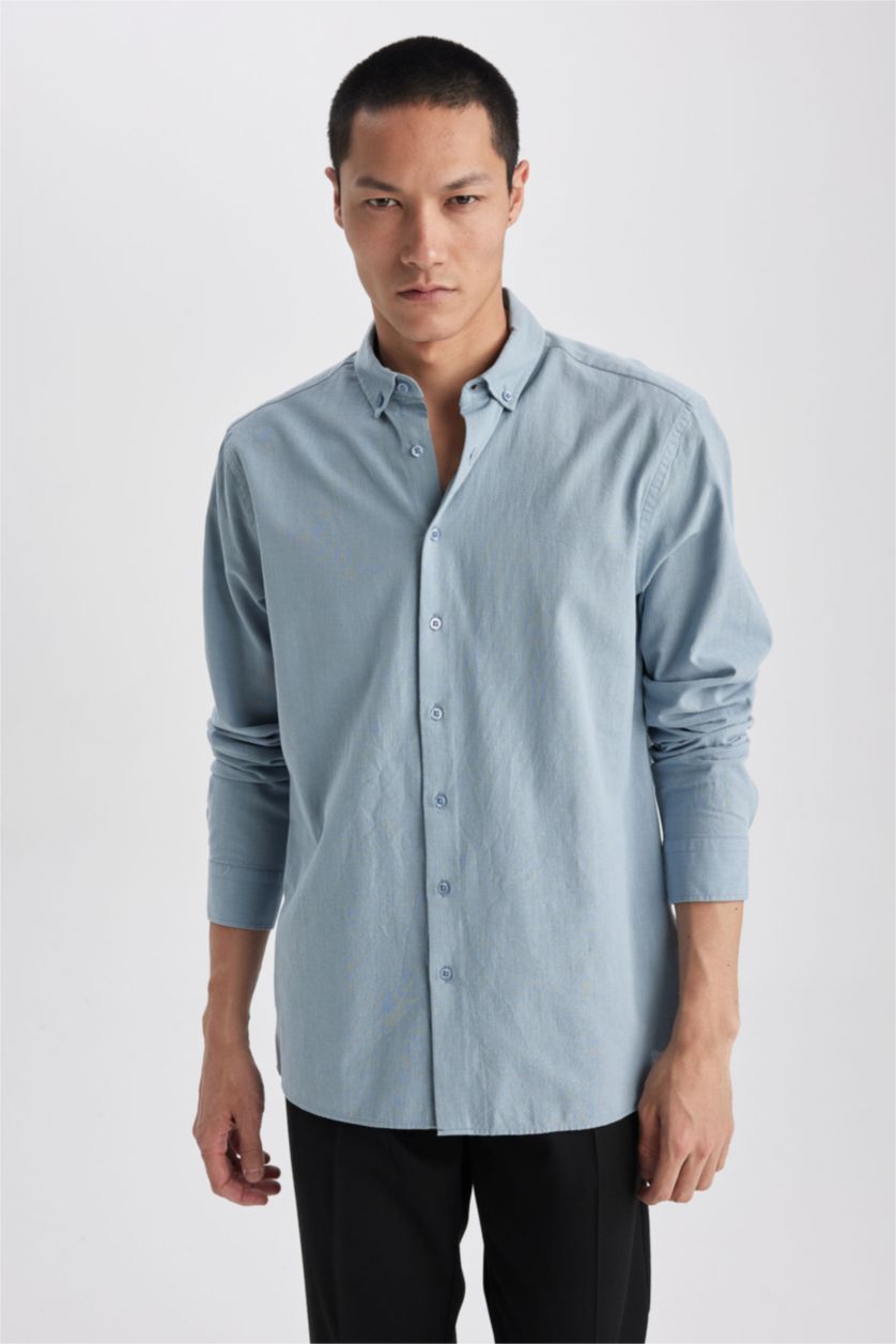 Erkek Mavi Modern Fit Polo Yaka Uzun Kollu %100 Pamuk Gömlek