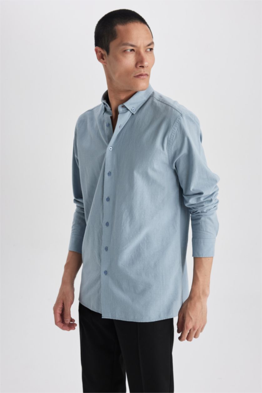 Erkek Mavi Modern Fit Polo Yaka Uzun Kollu %100 Pamuk Gömlek