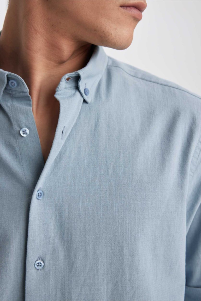 Erkek Mavi Modern Fit Polo Yaka Uzun Kollu %100 Pamuk Gömlek