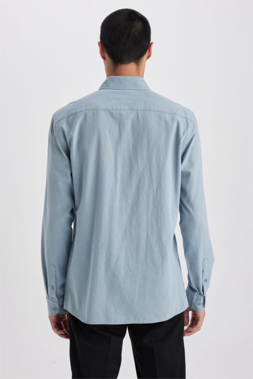 Erkek Mavi Modern Fit Polo Yaka Uzun Kollu %100 Pamuk Gömlek