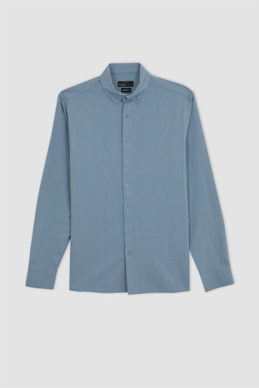 Erkek Mavi Modern Fit Polo Yaka Uzun Kollu %100 Pamuk Gömlek