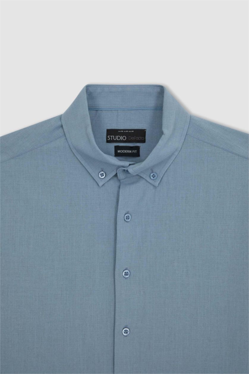 Erkek Mavi Modern Fit Polo Yaka Uzun Kollu %100 Pamuk Gömlek