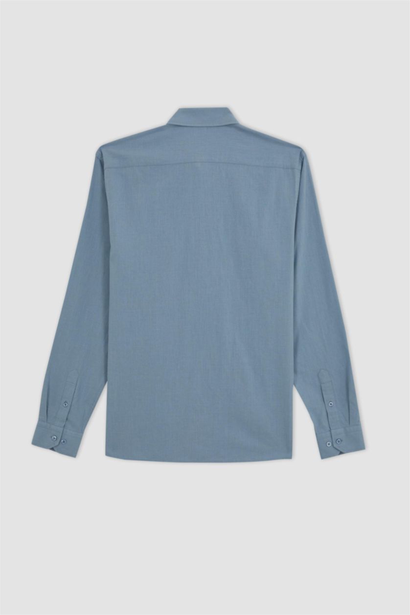 Erkek Mavi Modern Fit Polo Yaka Uzun Kollu %100 Pamuk Gömlek