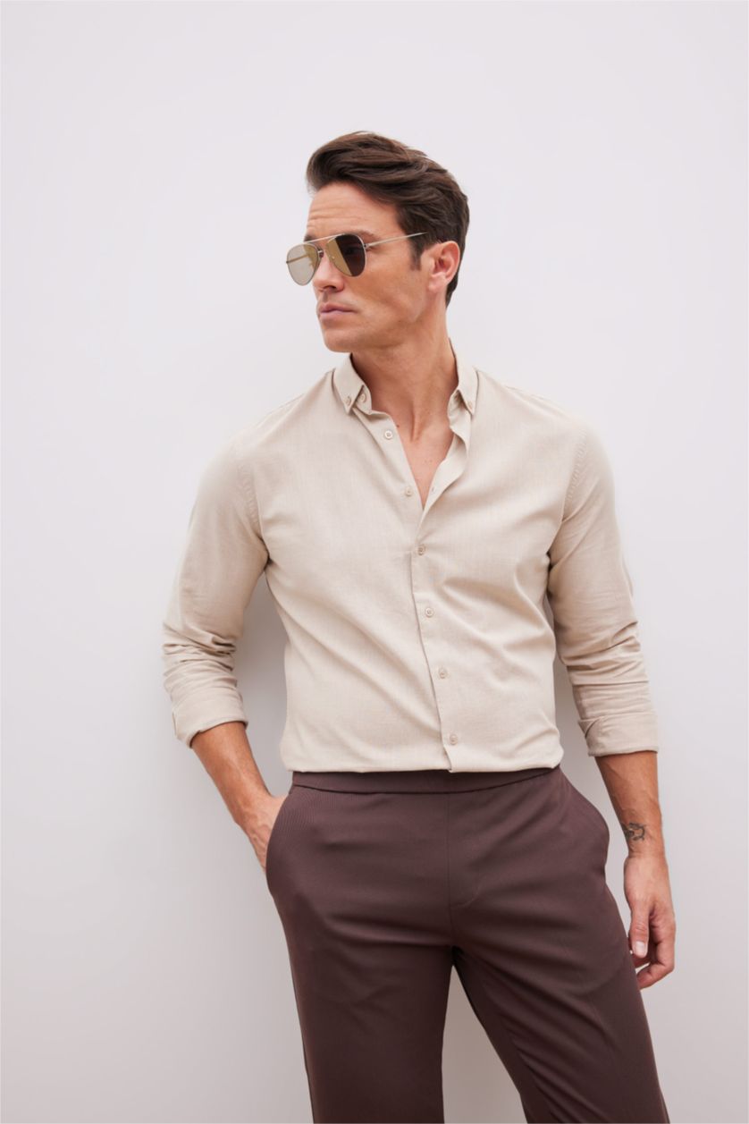 رجال اللون الحجري قميص مودرن فيت كلاسيك كم طويل