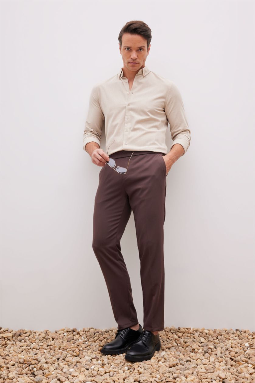 رجال اللون الحجري قميص مودرن فيت كلاسيك كم طويل