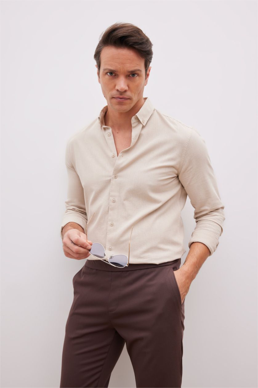 رجال اللون الحجري قميص مودرن فيت كلاسيك كم طويل