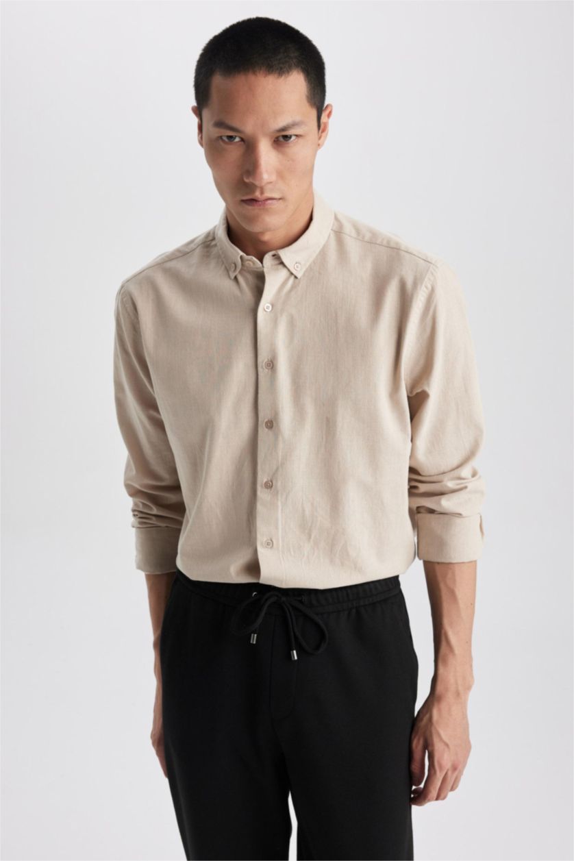 رجال اللون الحجري قميص مودرن فيت كلاسيك كم طويل