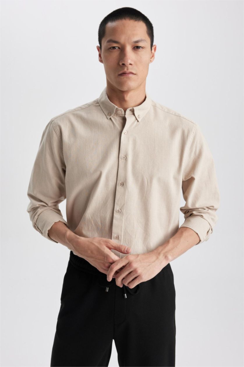 رجال اللون الحجري قميص مودرن فيت كلاسيك كم طويل