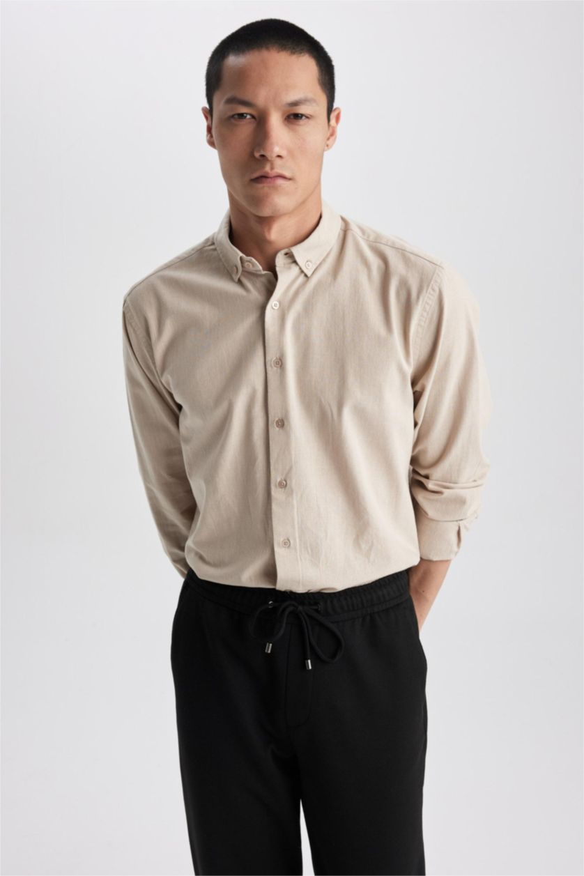 رجال اللون الحجري قميص مودرن فيت كلاسيك كم طويل