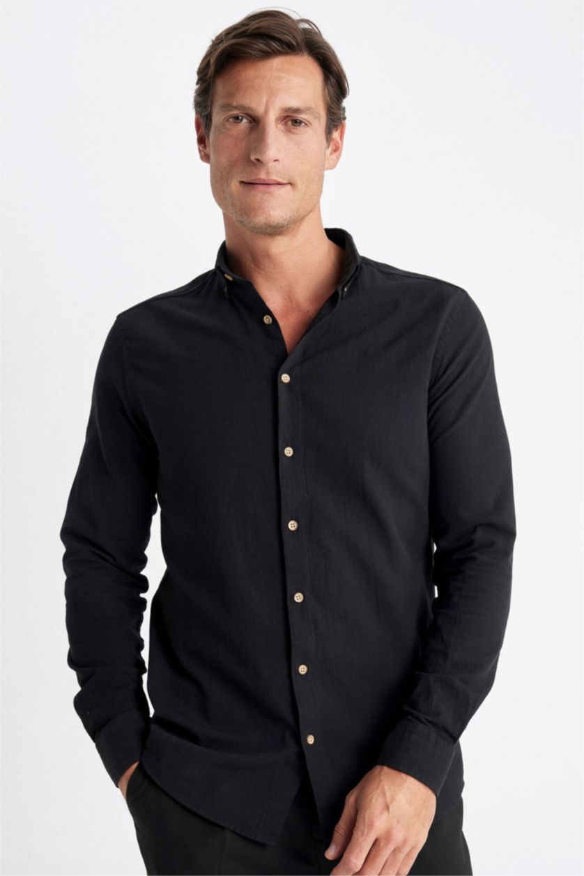HOMME Noir Chemise 100% coton aspect lin Coupe modern fit