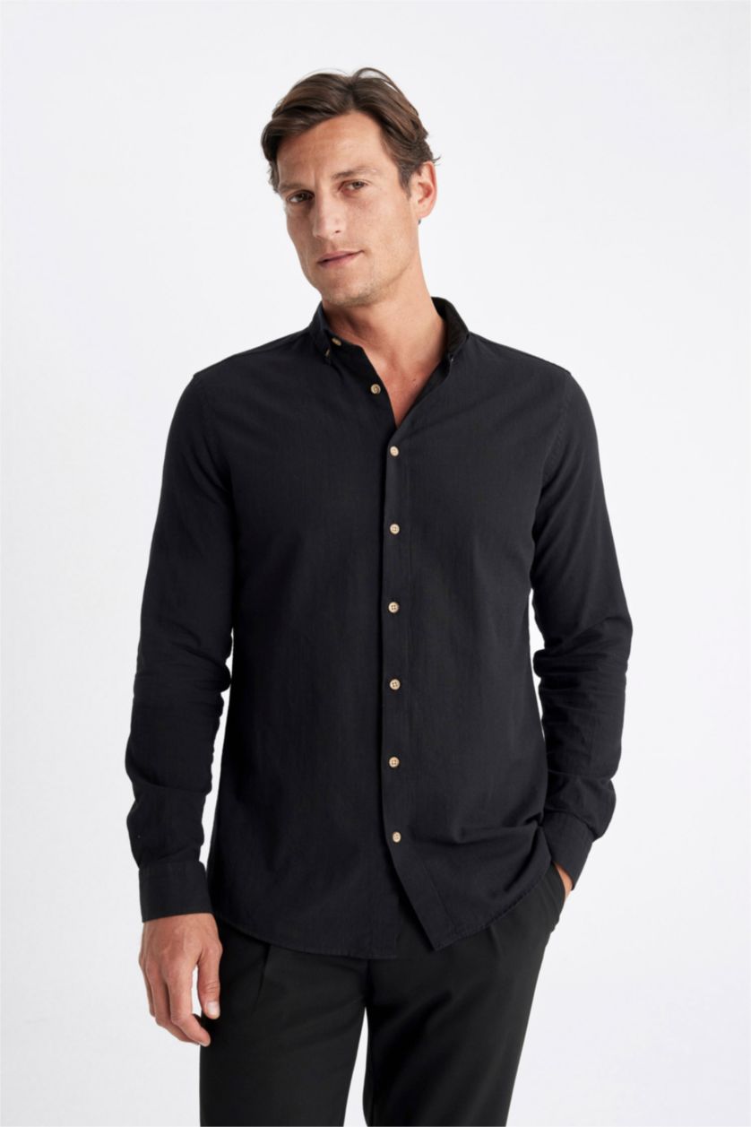 HOMME Noir Chemise 100% coton aspect lin Coupe modern fit