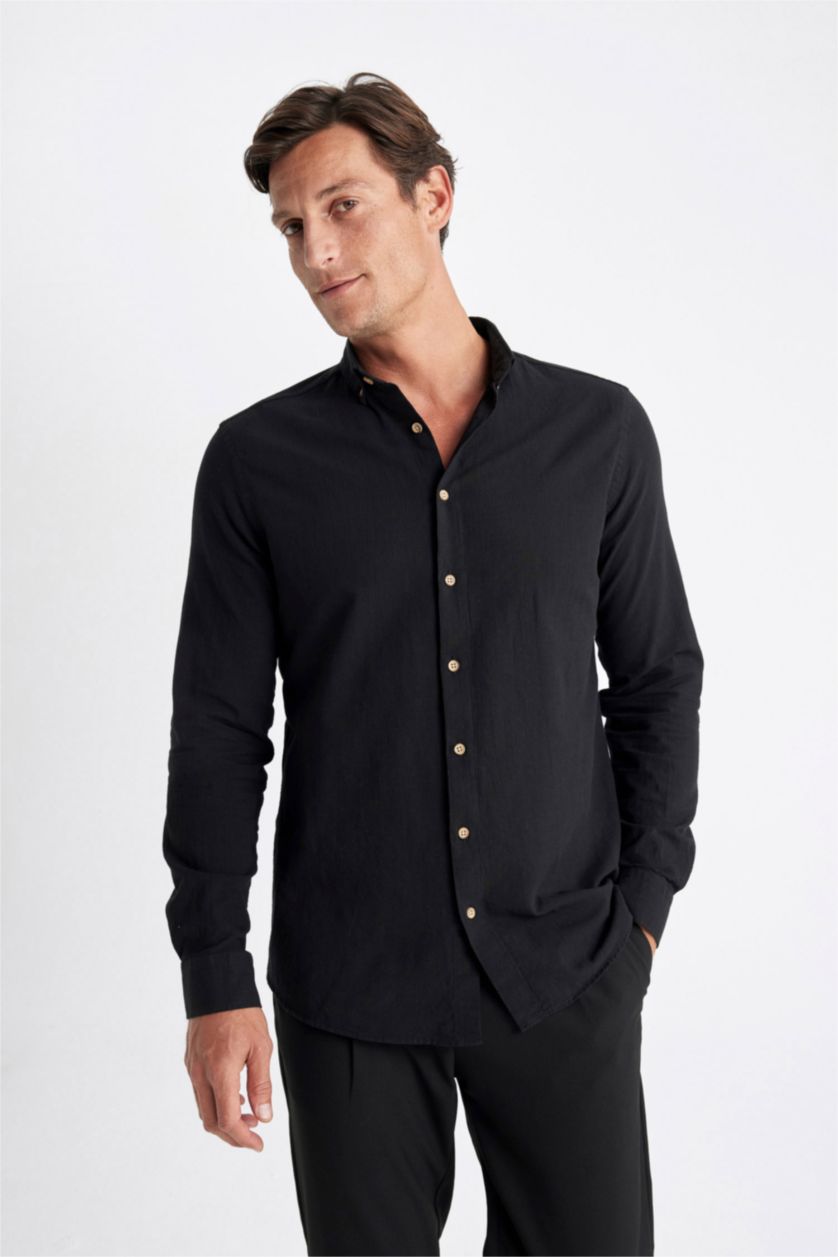 HOMME Noir Chemise 100% coton aspect lin Coupe modern fit